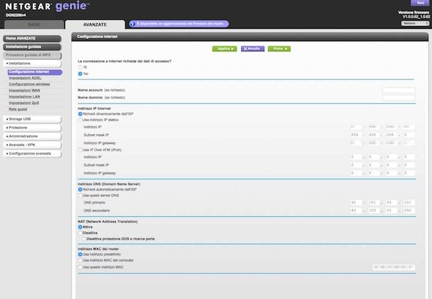 Screenshot che mostra come impostare DNS su modem