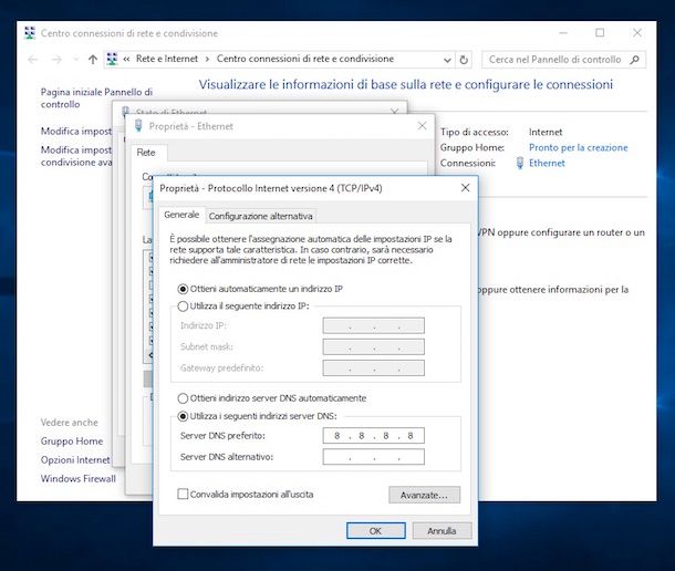 Screenshot che mostra come impostare DNS su Windows