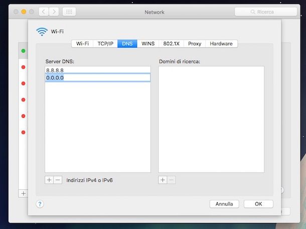 Screenshot che mostra come impostare DNS su Mac