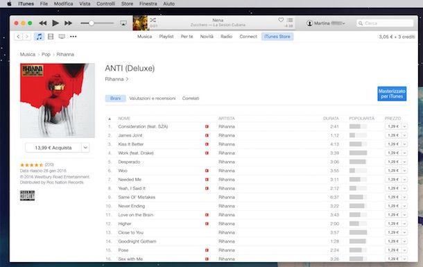 Screenshot di iTunes su Mac