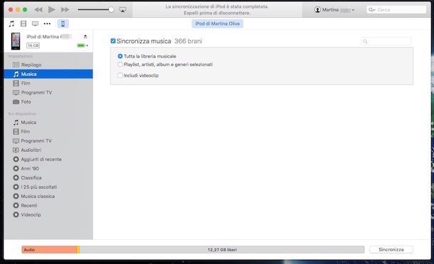 Screenshot di iTunes collegato ad iPod