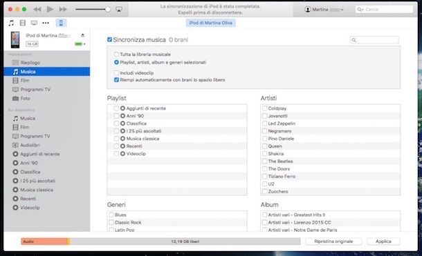 Screenshot di iTunes collegato ad iPod