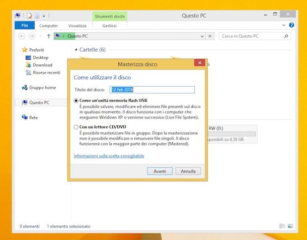 Screenshot che mostra come masterizzare CD su Windows 8