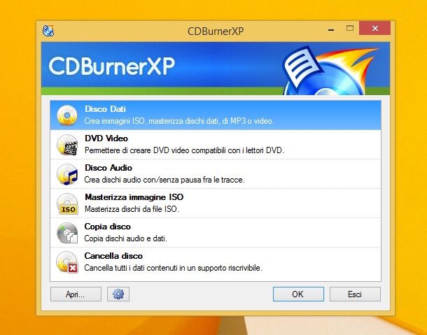 Screenshot che mostra come masterizzare CD su Windows 8