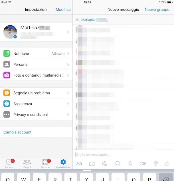 Screenshot di Messenger su iPad