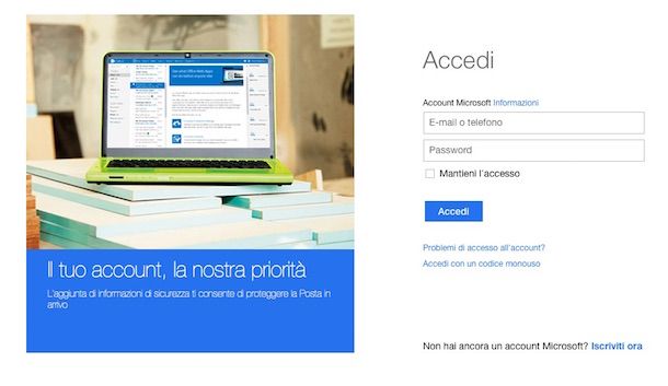 Screenshot della schermata per effettuare l'accesso all'account Microsoft