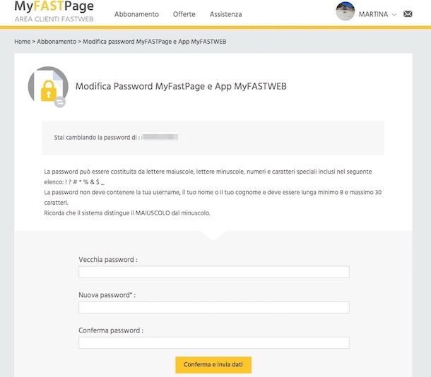 Screenshot della MyFastPage di Fastweb