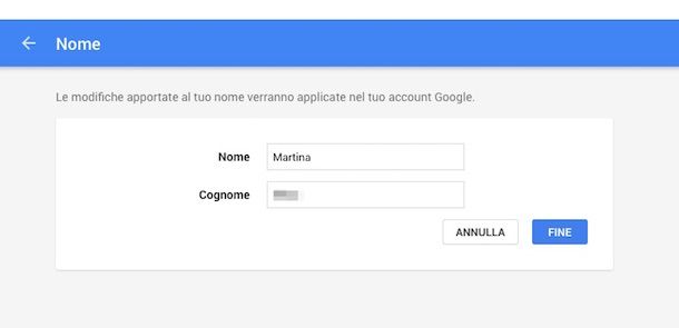 Screenshot che mostra come cambiare nome account Google
