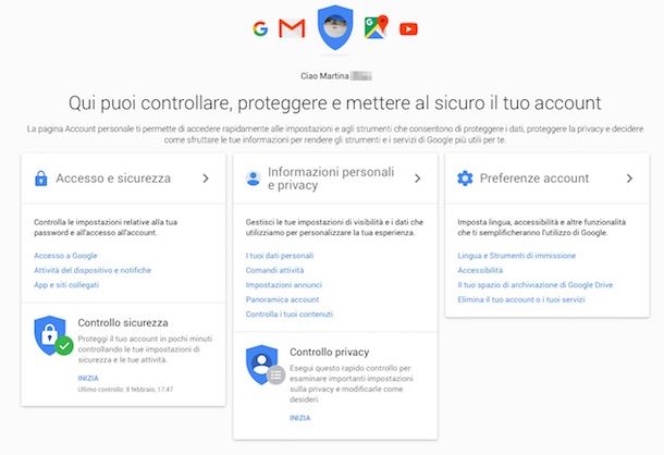Screenshot che mostra come cambiare nome account Google