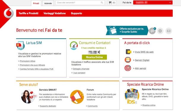 Screenshot dell'area clienti Vodafone online