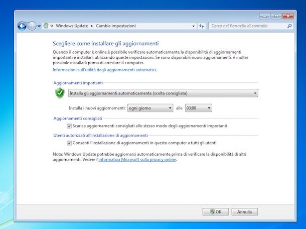 Screenshot di Windows Update su Windows 7