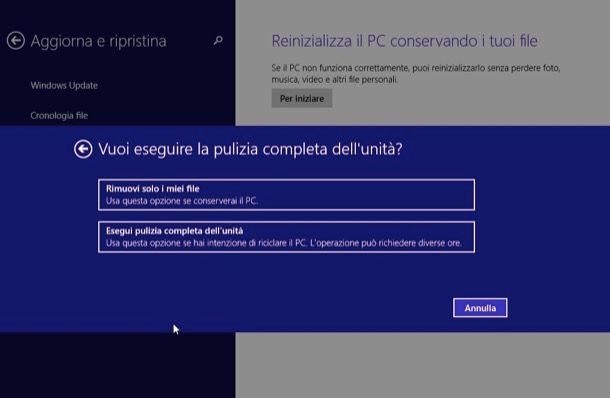 Screenshot che mostra come formattare Windows 8 senza CD