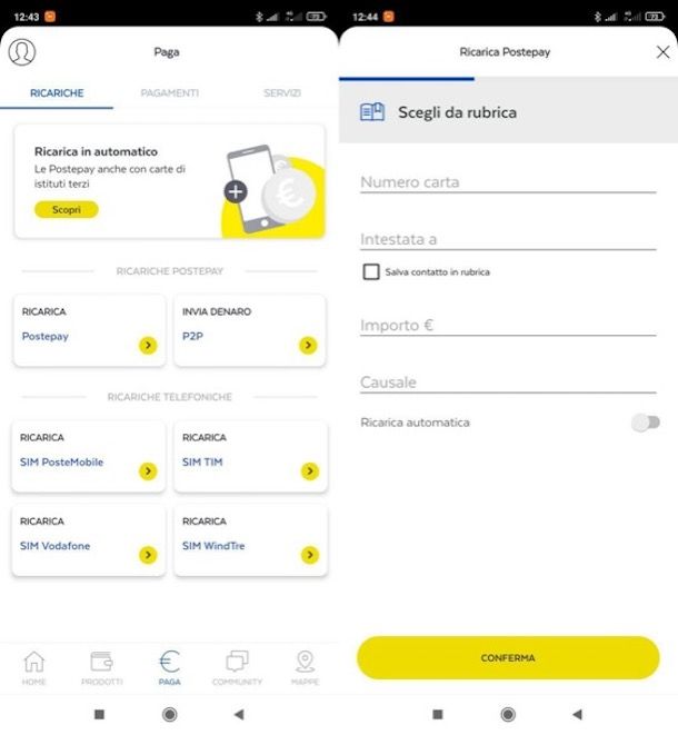 Ricaricare Postepay da app