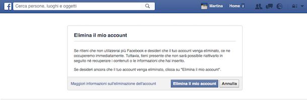 Screenshot che mostra come ci si toglie da Facebook