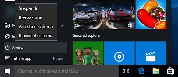 Screenshot che mostra come ibernare Windows 10