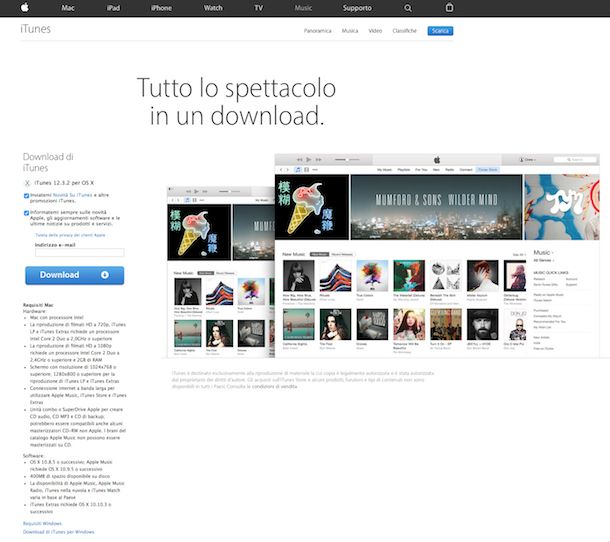 Screenshot della pagina di download di iTunes