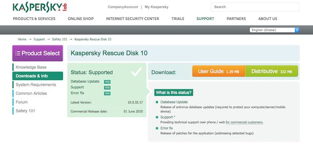 Screenshot di Kaspersky Rescue Disk