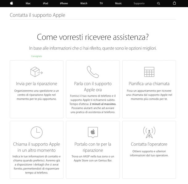 Screenshot del sito Internet di Apple