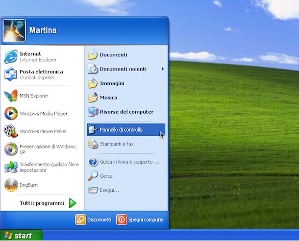 Screenshot che mostra come ibernare Windows XP