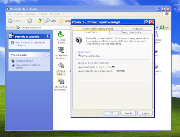 Screenshot che mostra come ibernare Windows XP