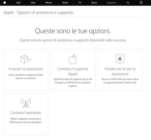 Screenshot sito assistenza Apple