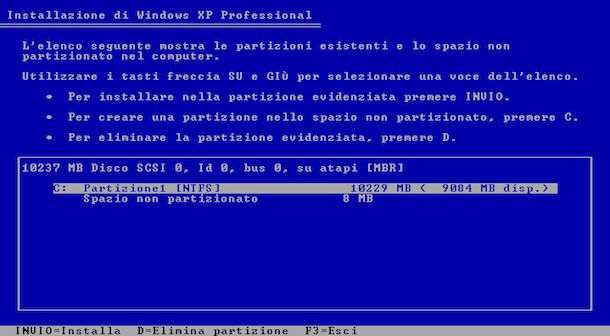 Screenshot che mostra come formattare Windows XP