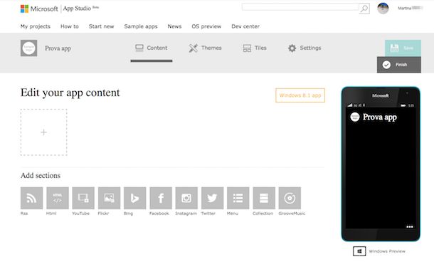 Screenshot di Windows Phone App Studio