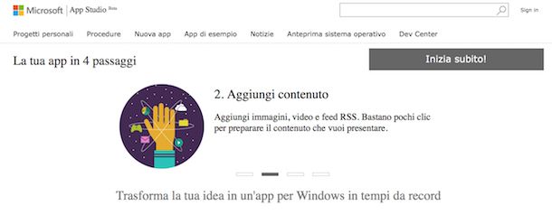 Screenshot di Windows Phone App Studio