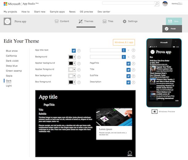 Screenshot di Windows Phone App Studio