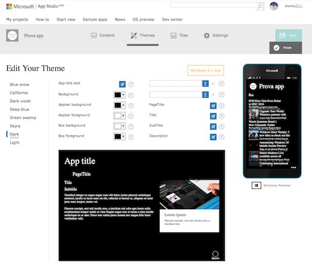 Screenshot di Windows Phone App Studio