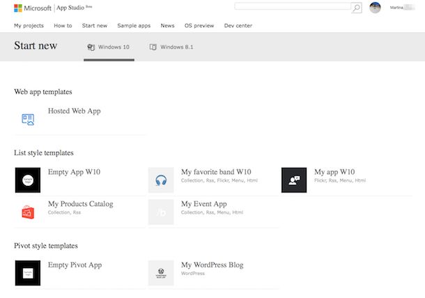 Screenshot di Windows Phone App Studio