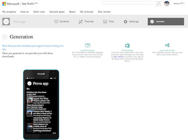 Screenshot di Windows Phone App Studio