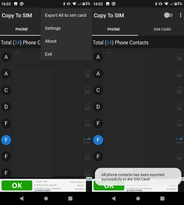 Trasferire contatti da dispositivo a SIM su Android