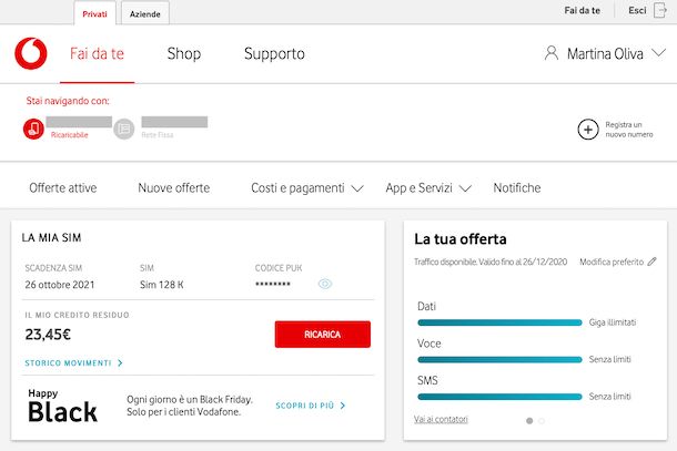 Credito residuo area Fai da te Vodafone