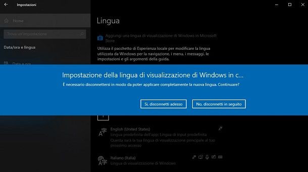 Riavvio PC per modifica lingua Windows 10