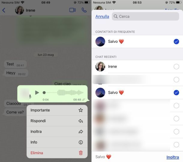 inoltrare un messaggio vocale su iOS