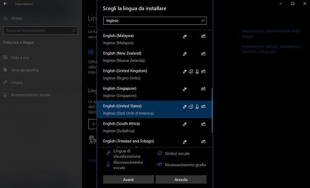 Aggiungere lingue su Windows 10