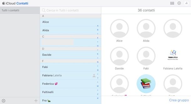 iCloud Web sezione Contatti