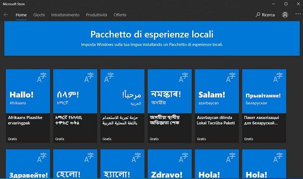 Modifica lingua in Windows 10 da Microsoft Store