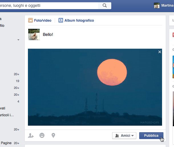 Screenshot che mostra come caricare GIF su Facebook