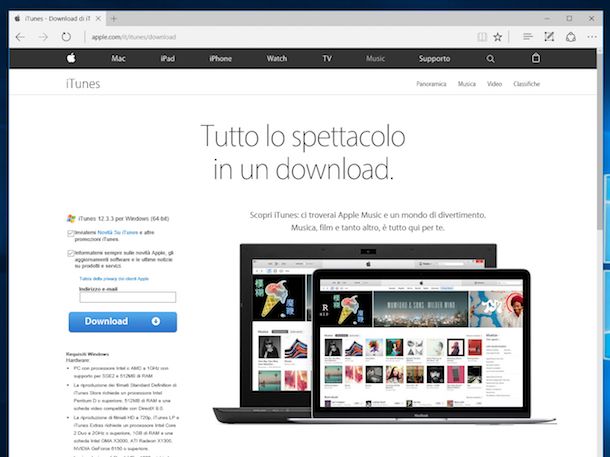 Screenshot della pagina di download di iTunes