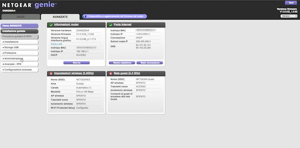 Screenshot del pannello di controllo del modem