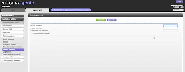 Screenshot del pannello di controllo del modem