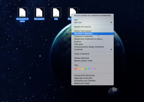 Screenshot che mostra come rinominare più file su OS X
