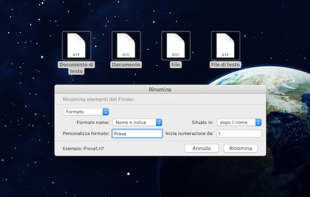 Screenshot che mostra come rinominare più file su OS X