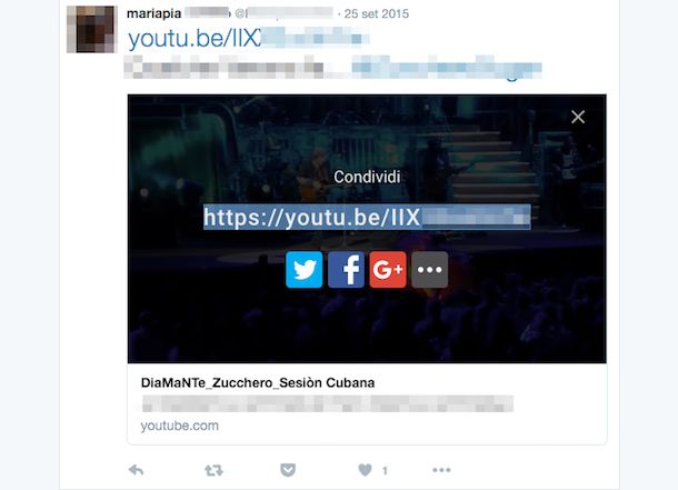 Screenshot che mostra come twittare video YouTube