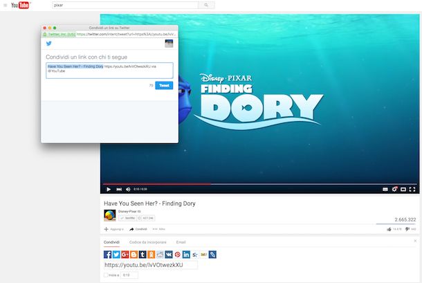 Screenshot che mostra come twittare video YouTube