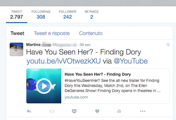 Screenshot che mostra come twittare video YouTube