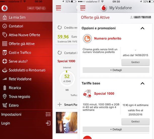 Screenshot dell'app My Vodafone