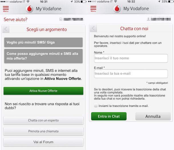 Screenshot che mostra come chattare con Vodafone tramite app